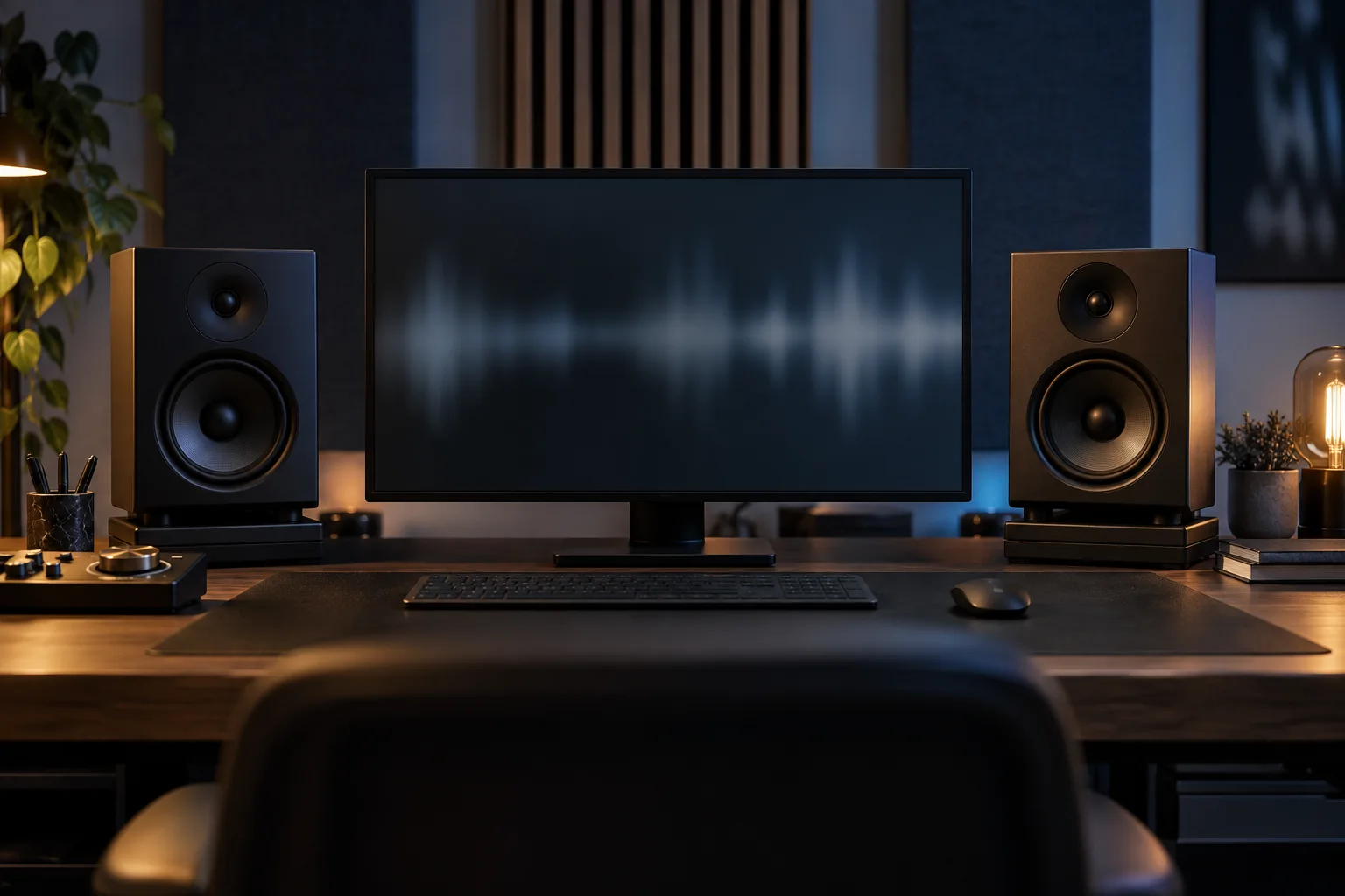 Audiostudio met twee monitorluidsprekers — AI-sfeerbeeld